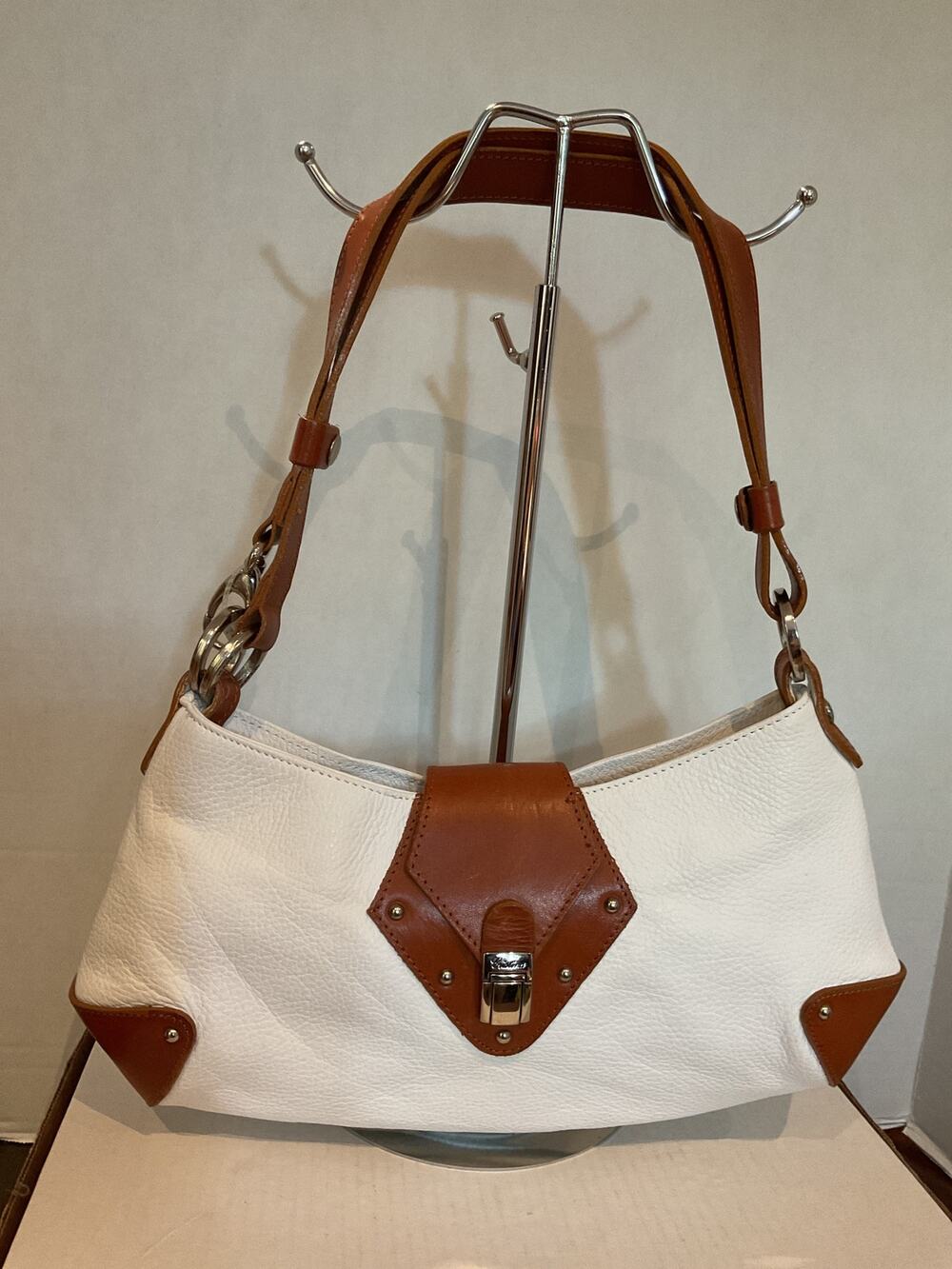 Cristina- White Leather & Cognac Vachetta -Crossbody/shoulder Bag - Italy
